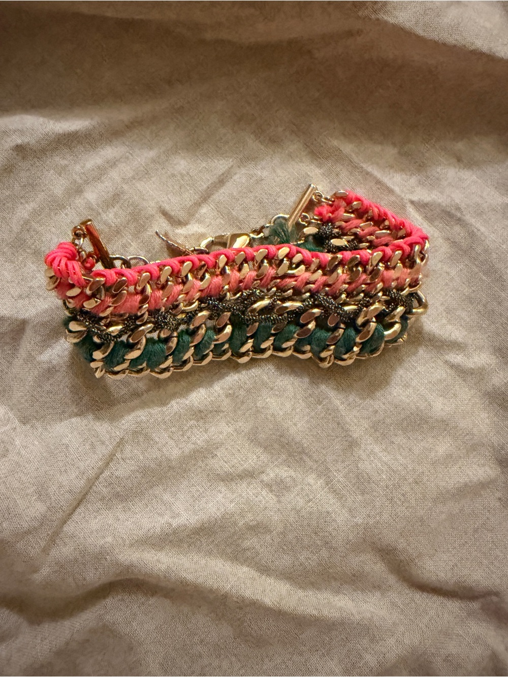 Victoria’s Secret Gold Chain Braided Bracelet with Pink and Green Accents